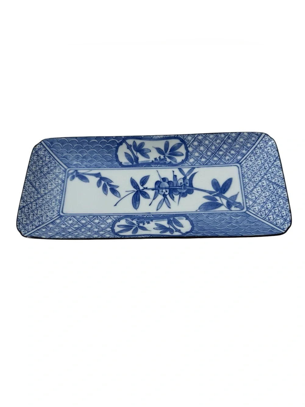 Vintage Blue White Japanese Porcelain Sushi Serving Platter Tray Floral 10.5”